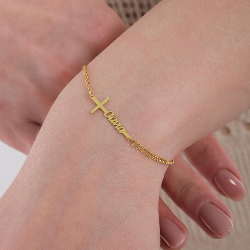 Cross Pendant Necklace Gold - Personalisiertes Taufnamen-Armband aus Edelstahl mit 18K