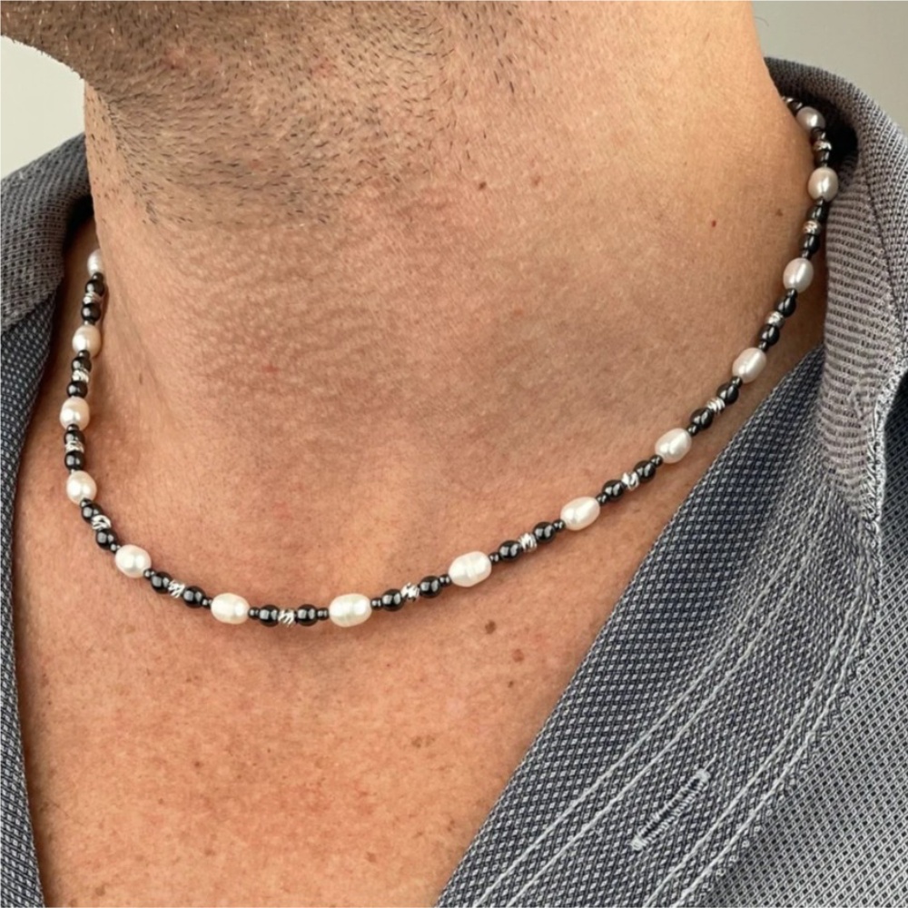 Pearl Choker Necklace Vintage - Retro Schwarz Naturstein Barock Perle Kette