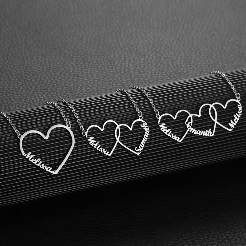 Custom Name Necklace Stainless Steel - Personalisierte ineinandergreifende Herz-Namenskette mit 1/2/3 Namen,