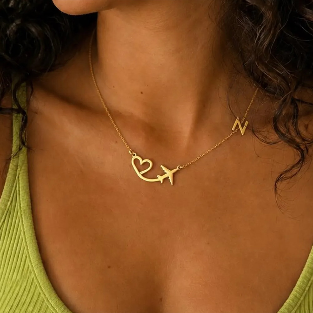 Custom Name Necklace Stainless Steel - Personalisierte Herz-Flugzeug-Anfangsbuchstaben-Anhänger-Halskette für Frauen, individueller Buchstabe,