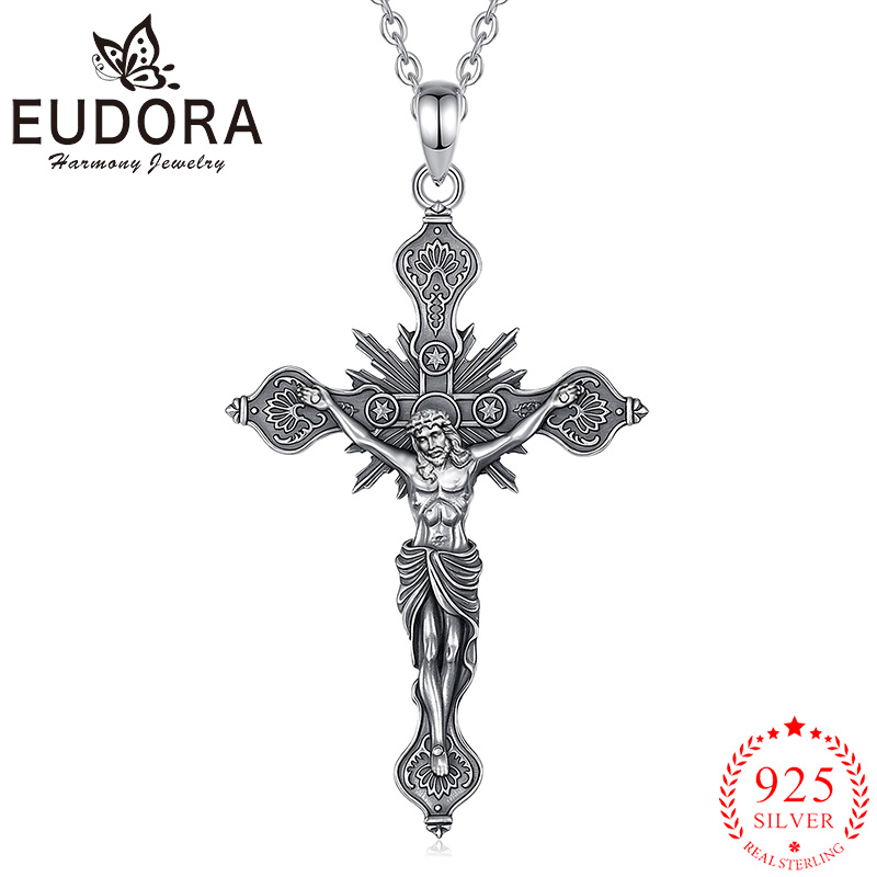 925 Sterling Silver Chain Necklace Men - Eudora Neue Kruzifix-Kreuz-Halskette aus 925er-Sterlingsilber, christliches