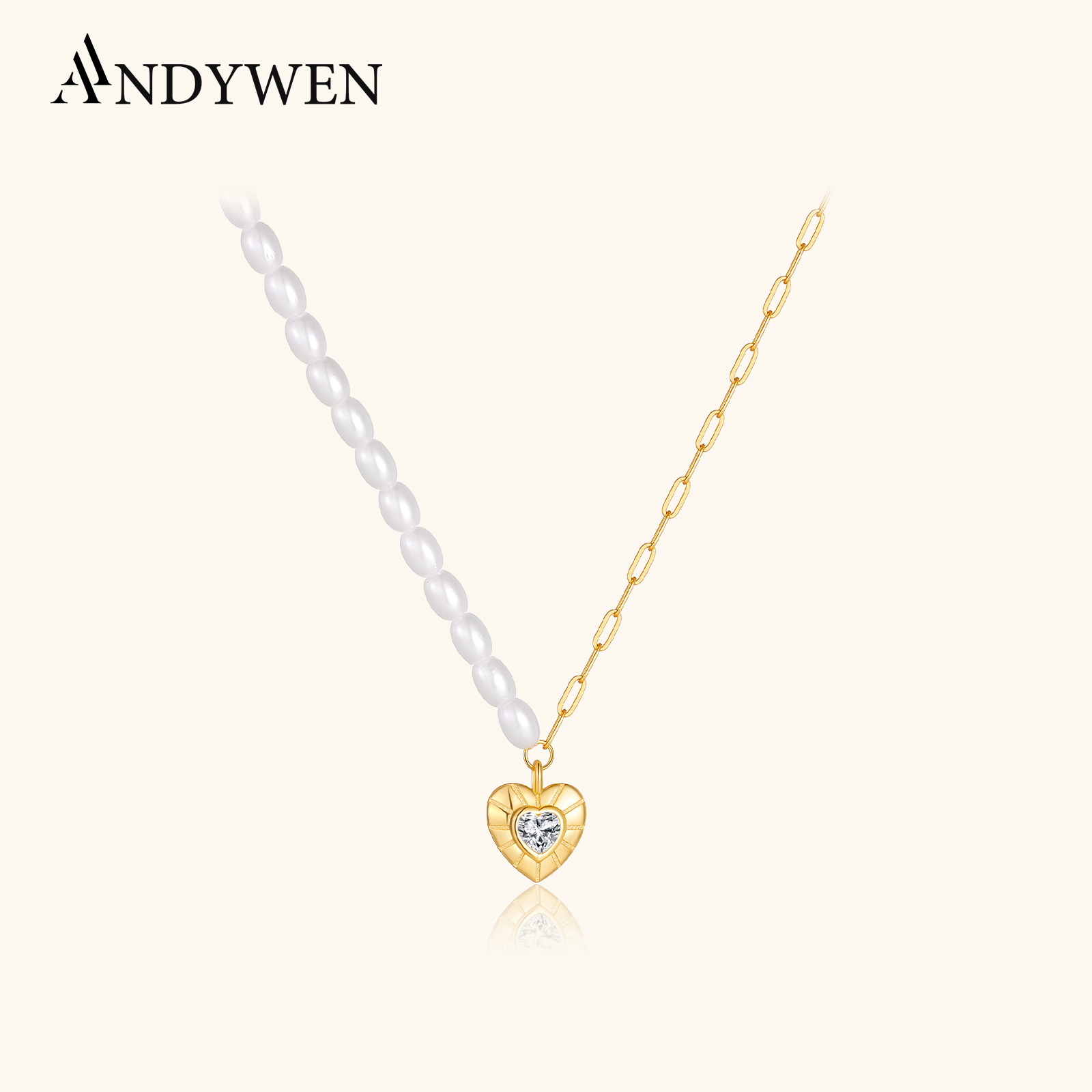 Pearl Choker Necklace Vintage - ANDYWEN Asymmetrische Perlenkette aus 925er-Sterlingsilber, Herz-Zirkon-CZ-Anhänger,