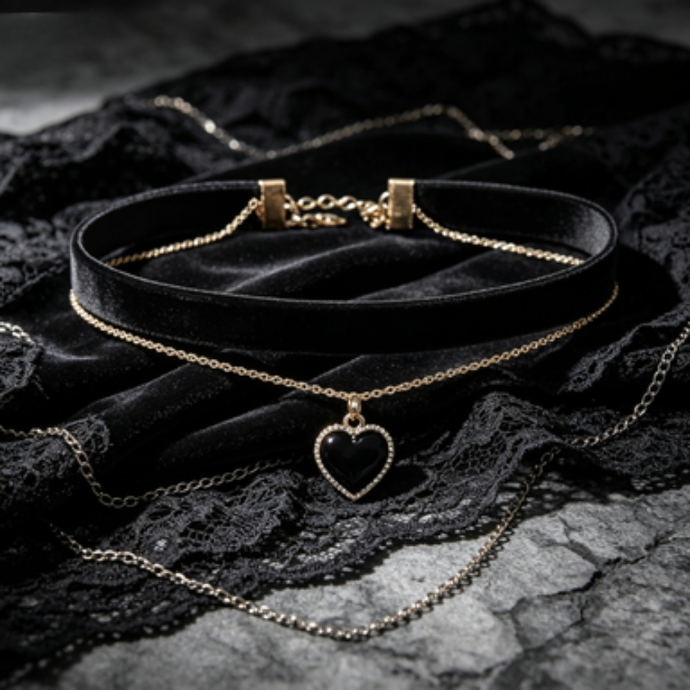 Layered Pendant Necklace Aesthetic - Mehrschichtiger schwarzer Pfirsichherz-Anhänger-Choker, gotische Ästhetik Schlüsselbeinkette