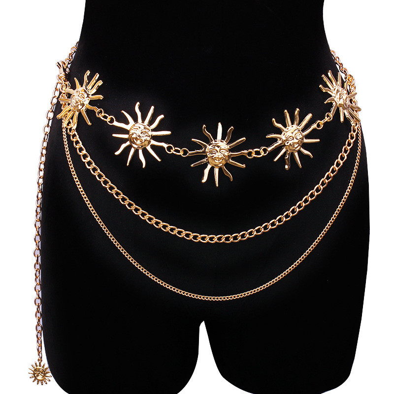 Body Jewelry - Klobige mehrschichtige Punk-Gothic-Mond-Sonnen-Taillenkette, Metall-Taillengürtel für Frauen,