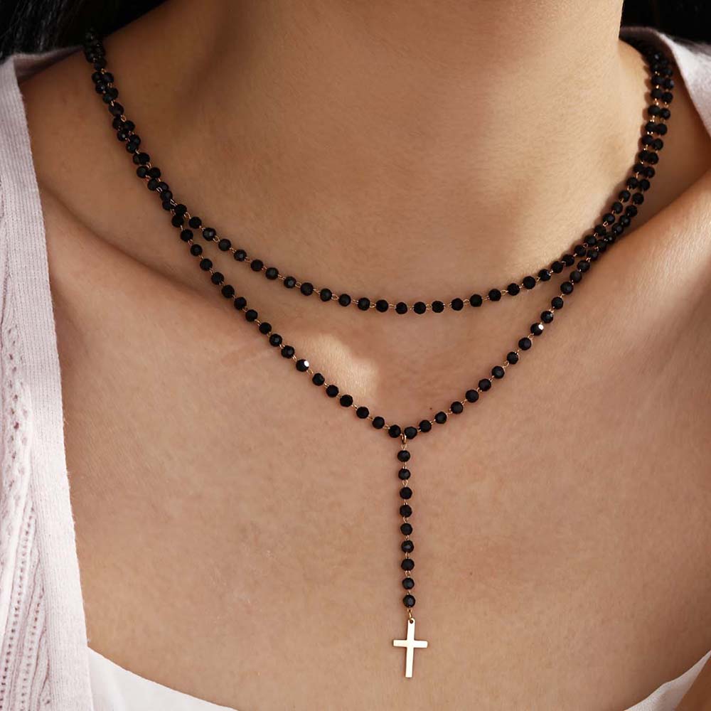 Layered Pendant Necklace Aesthetic - Gotische Doppelschichtige Schwarze Kristallperlen-Y-Halskette für Damen