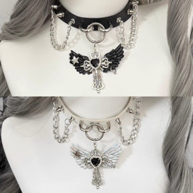 Layered Pendant Necklace Aesthetic - Gotische Subkultur Engelsflügel-Kreuz-Anhänger Pulloverkette für Frauen