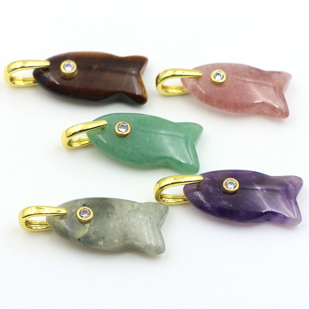 Crystal Pendant Necklace Natural Stone - 26mm Fischförmiger Naturstein-Anhänger mit Zirkon-Kristall-Einlage, Charms