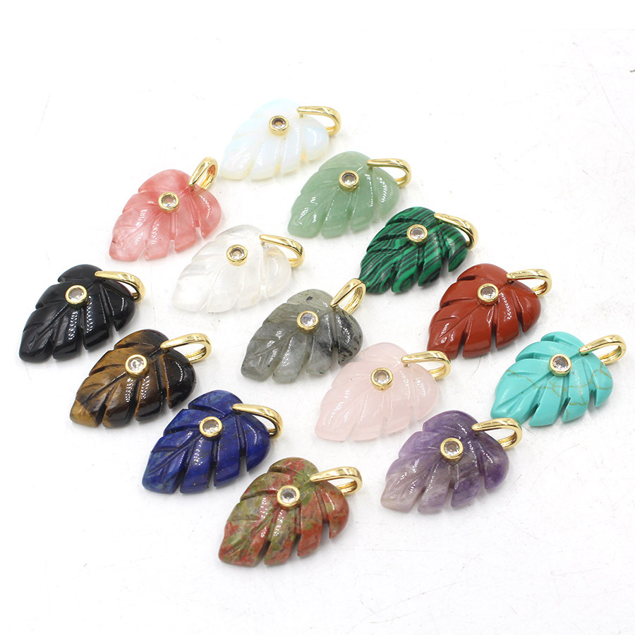 Crystal Pendant Necklace Natural Stone - Natürlicher Heilkristall-Blattanhänger mit Zirkon Naturstein-Charms für