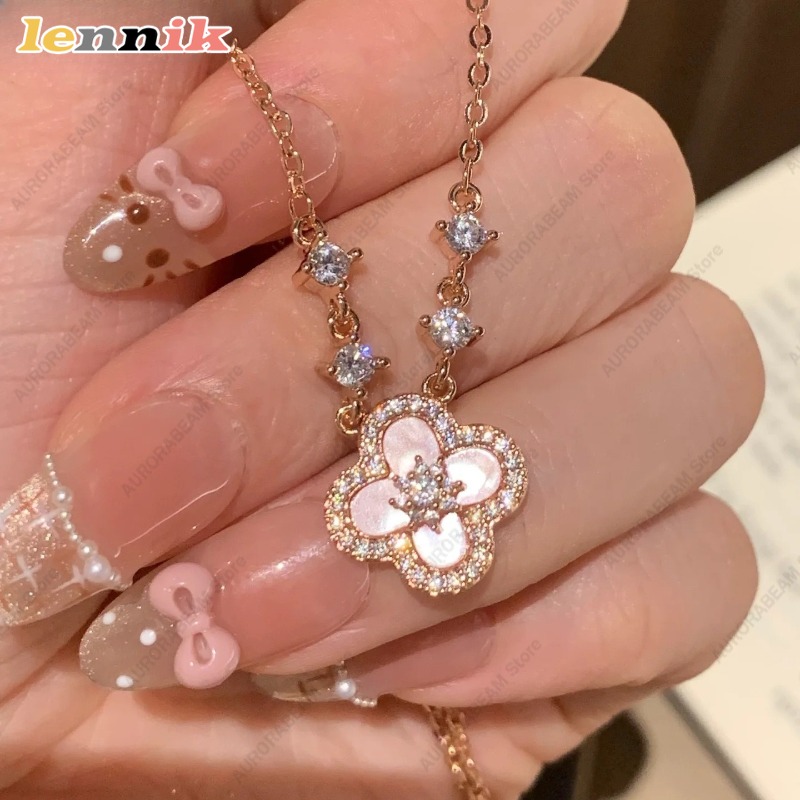Layered Pendant Necklace Aesthetic - Rosa Muschel-Halskette, vierblättriges Kleeblatt-Anhänger, 18 Karat
