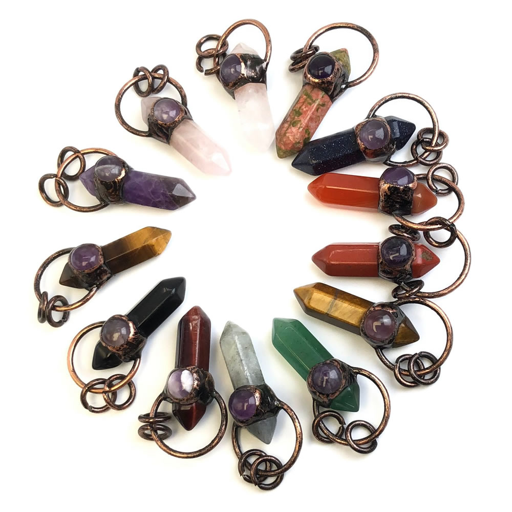 Crystal Pendant Necklace Natural Stone - Naturstein-Kristallquarz-Anhänger für Halsketten, antiker Kupfer-Sechseck-Säulenanhänger, DIY-Schmuckherstellungszubehör